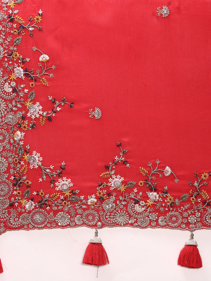 Neerus Red crepe embroidered saree with blouse - detail view 2