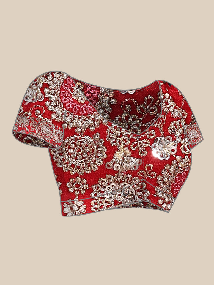 Neerus Red crepe embroidered saree with blouse - detail view 4