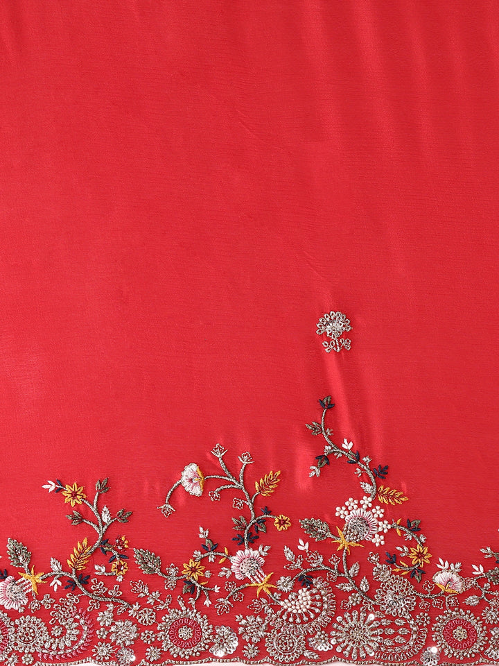 Red Crepe Embroidery Saree With Readymade Blouse