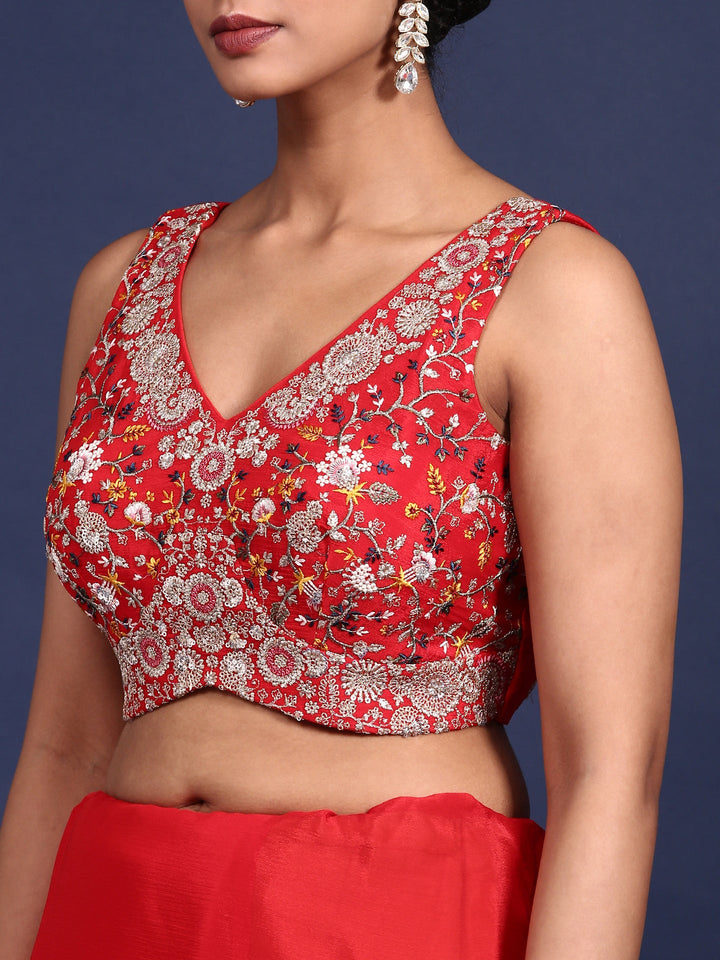 Neerus Red crepe embroidered saree with blouse - detail view 3