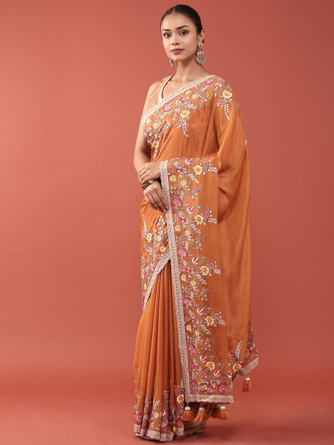 Neerus Orange crepe embroidered saree with blouse - detail view 1