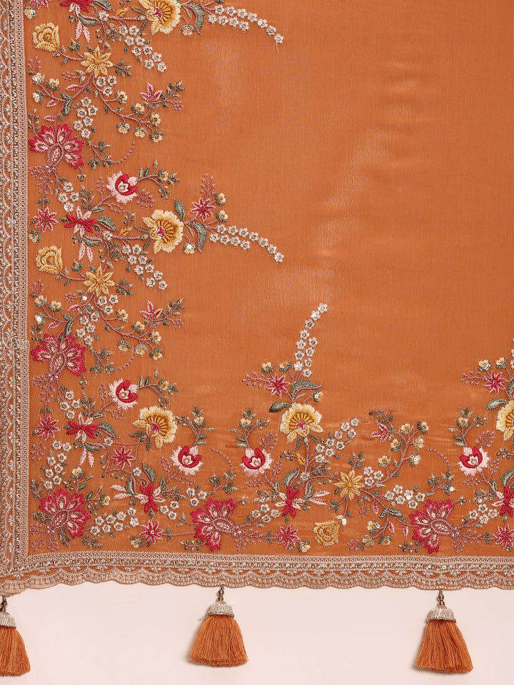Orange Crepe Embroidery Saree With Readymade Blouse