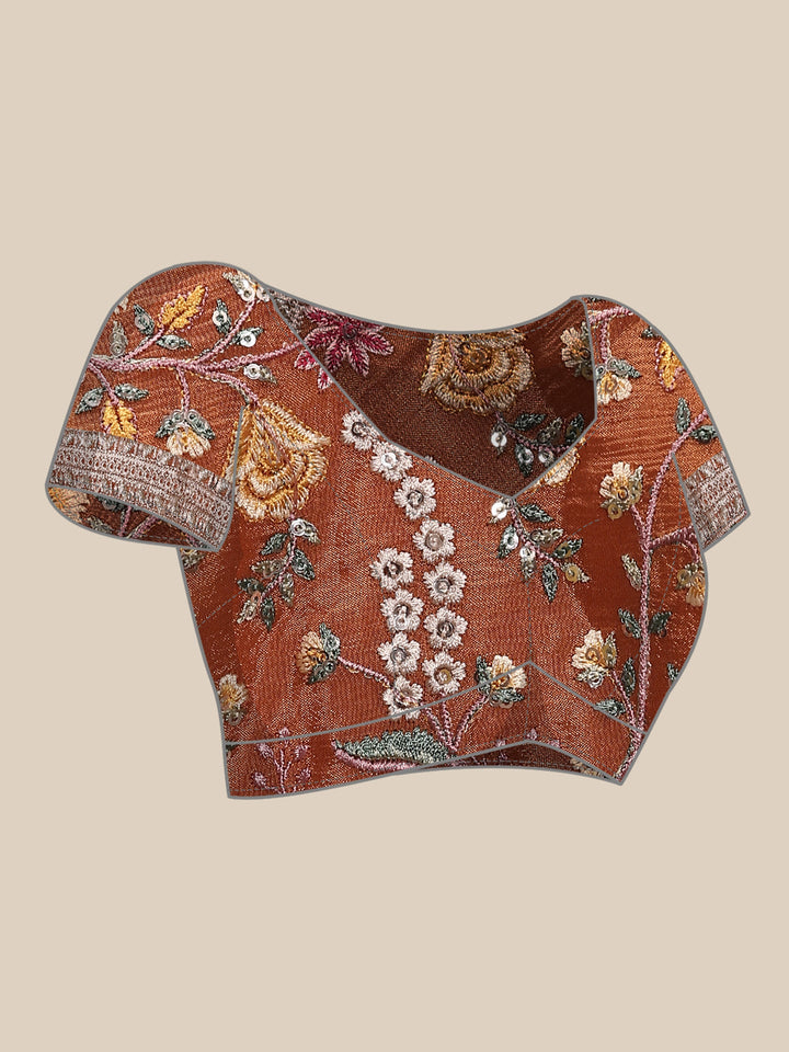 Neerus Orange crepe embroidered saree with blouse - detail view 5