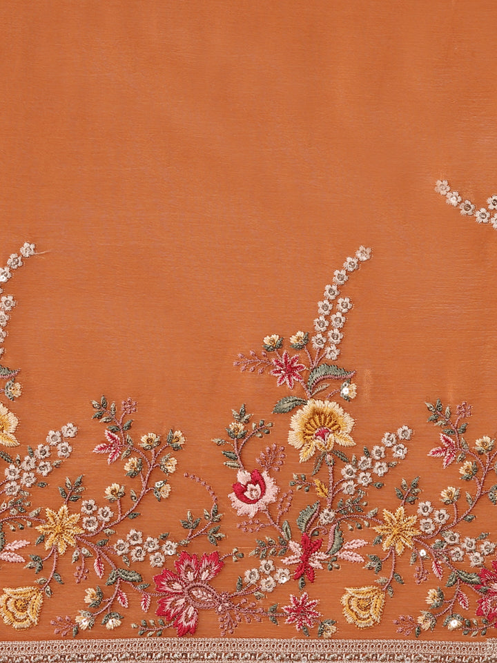 Neerus Orange crepe embroidered saree with blouse - detail view 3