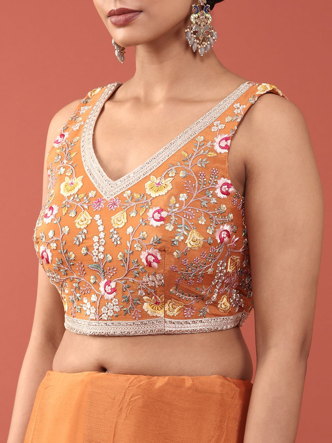 Neerus Orange crepe embroidered saree with blouse - detail view 4