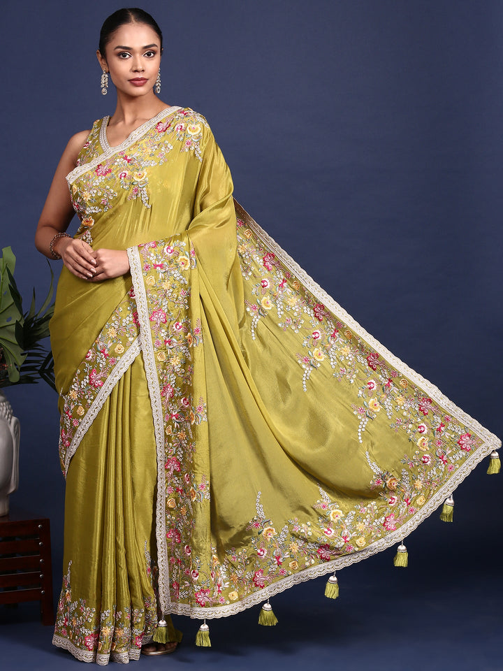 Parrot Green Crepe Embroidery Saree With Readymade Blouse