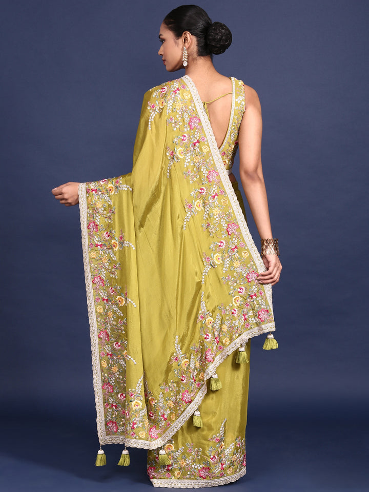 Parrot Green Crepe Embroidery Saree With Readymade Blouse