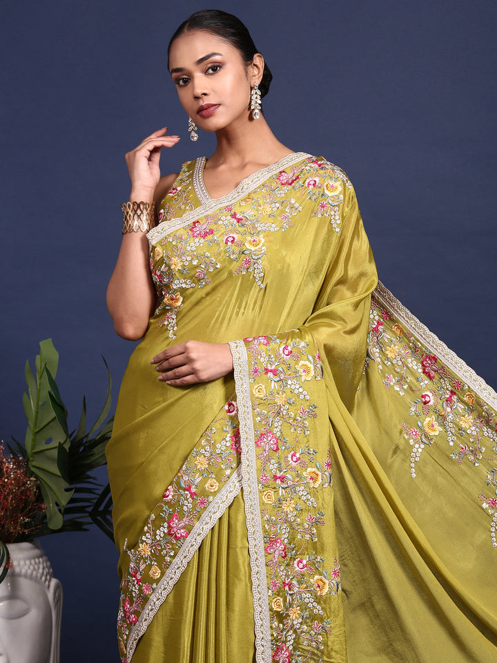 Parrot Green Crepe Embroidery Saree With Readymade Blouse