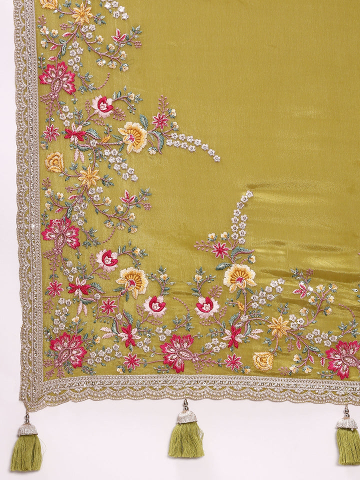 Neerus Green crepe embroidered saree with blouse - detail view 3