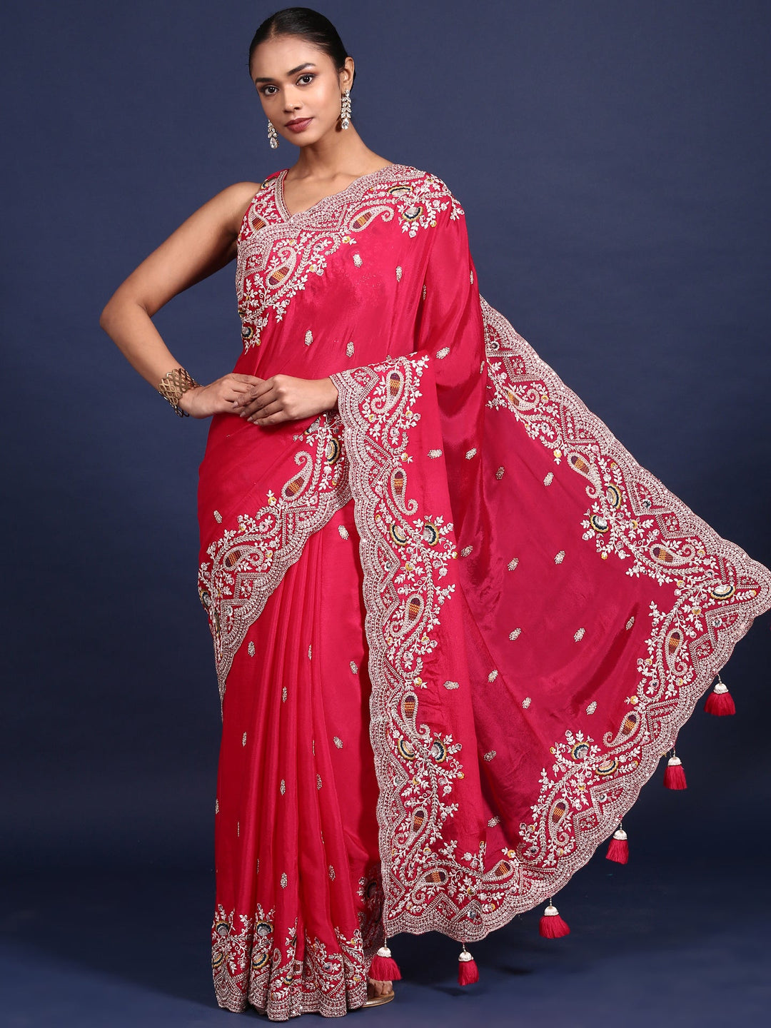Neerus Pink crepe embroidered saree with readymade blouse - front view