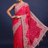 Rani Pink Crepe Embroidery Saree With Readymade Blouse