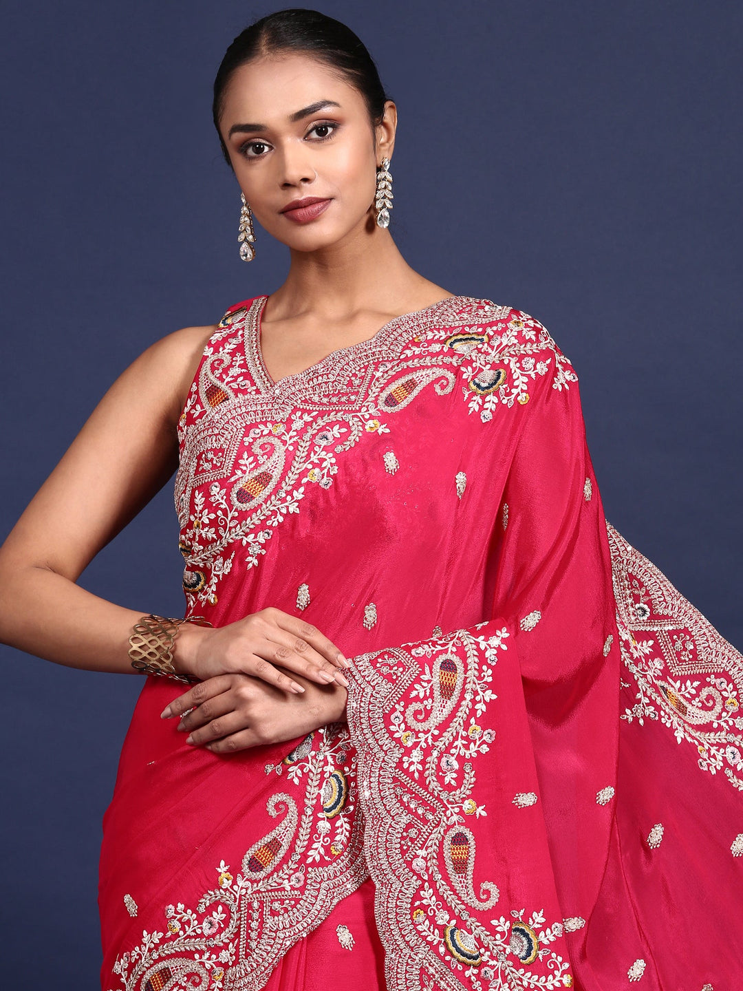 Neerus Pink crepe embroidered saree with readymade blouse - back view