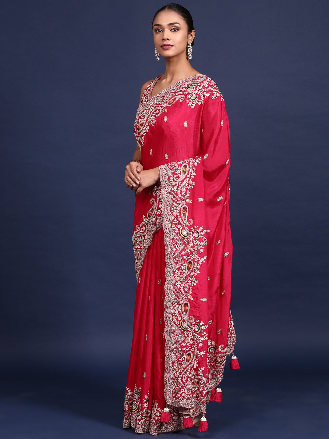 Neerus Pink crepe embroidered saree with readymade blouse - detail view 1