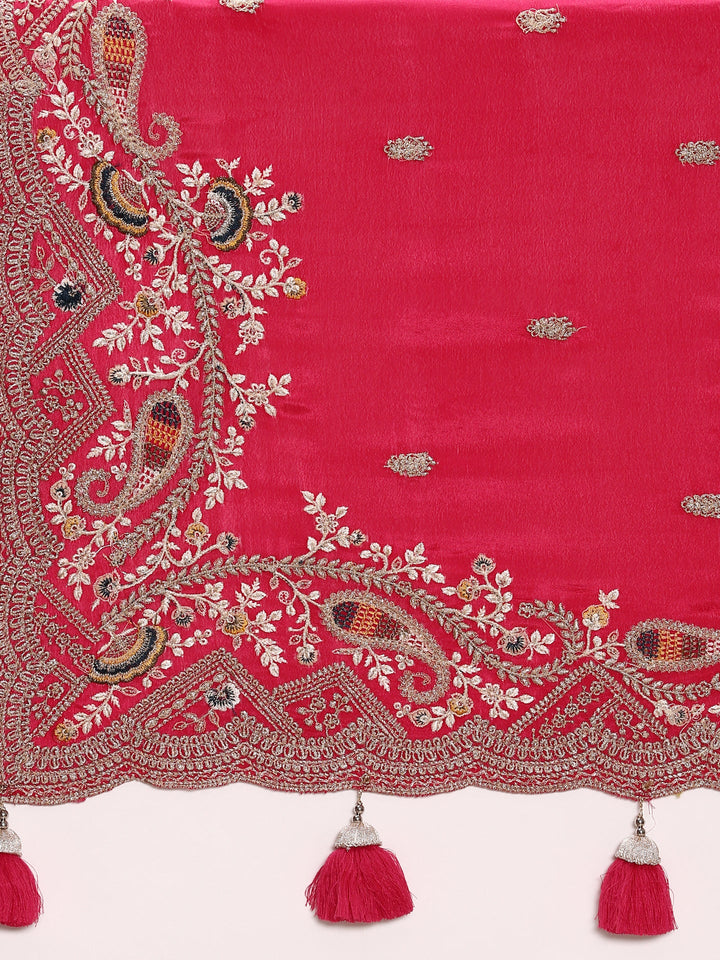 Rani Pink Crepe Embroidery Saree With Readymade Blouse