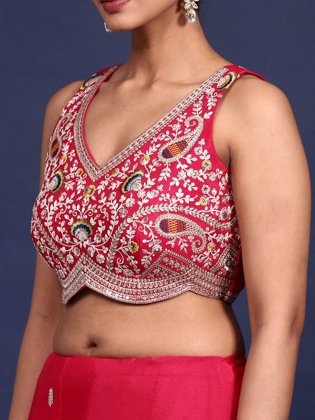 Neerus Pink crepe embroidered saree with readymade blouse - detail view 2