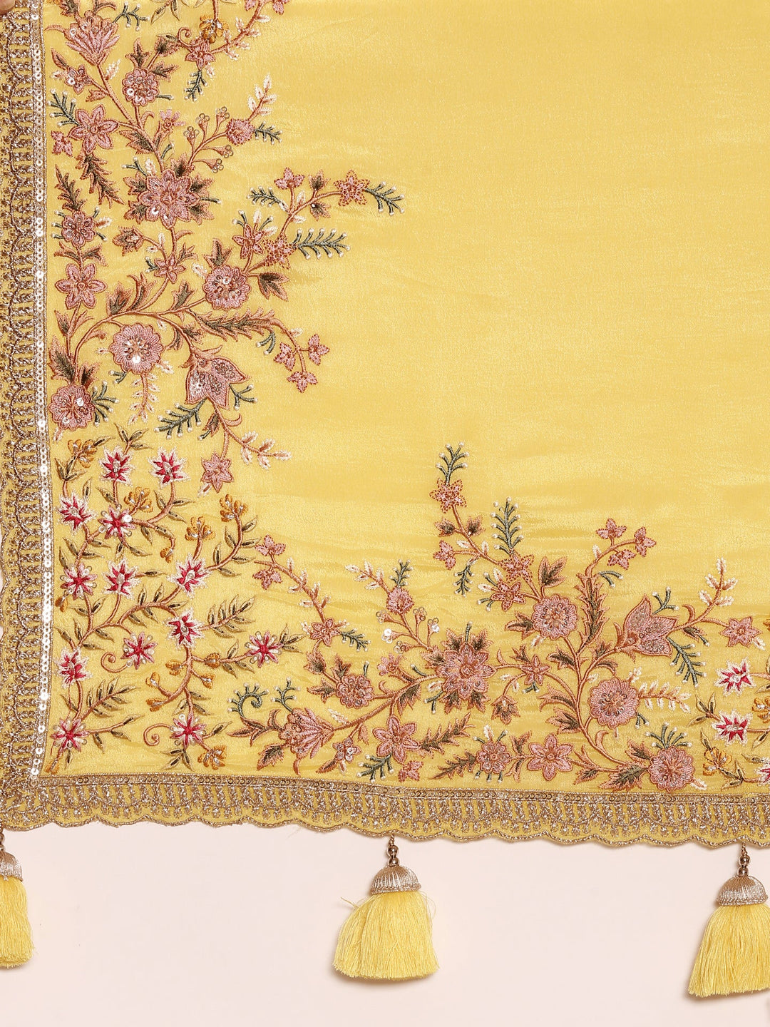 Neerus Yellow crepe embroidered saree with blouse - detail view 3