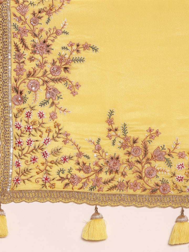 Neerus Yellow crepe embroidered saree with blouse - detail view 3