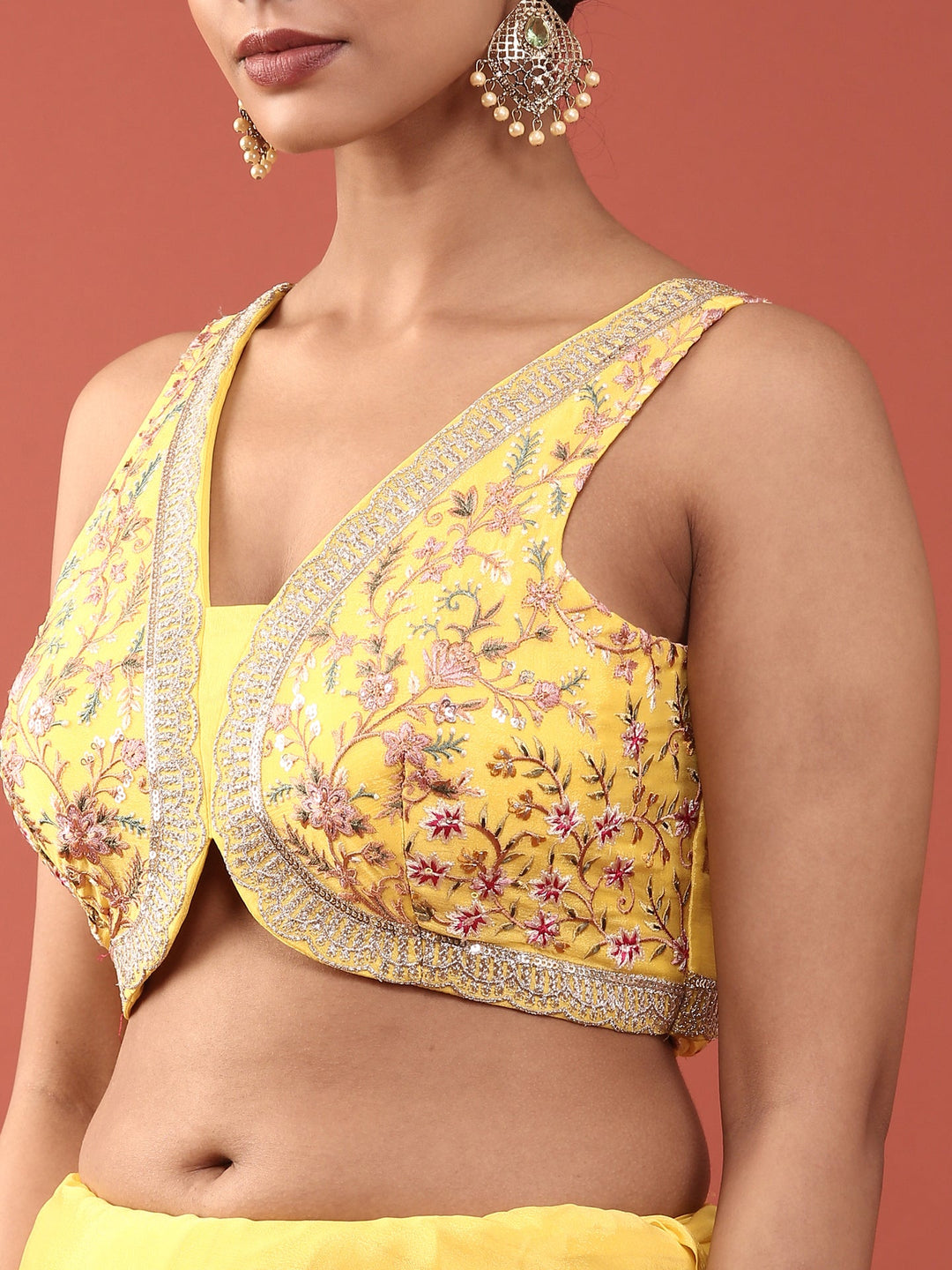Neerus Yellow crepe embroidered saree with blouse - detail view 2