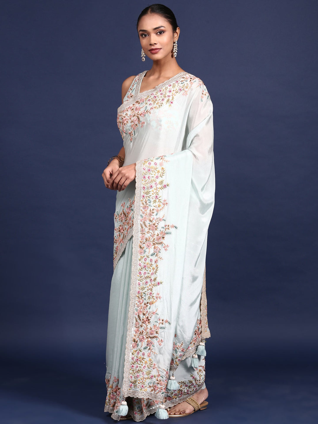 Neerus Blue crepe embroidered saree with readymade blouse - detail view 1