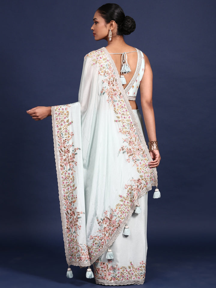Neerus Blue crepe embroidered saree with readymade blouse - back view