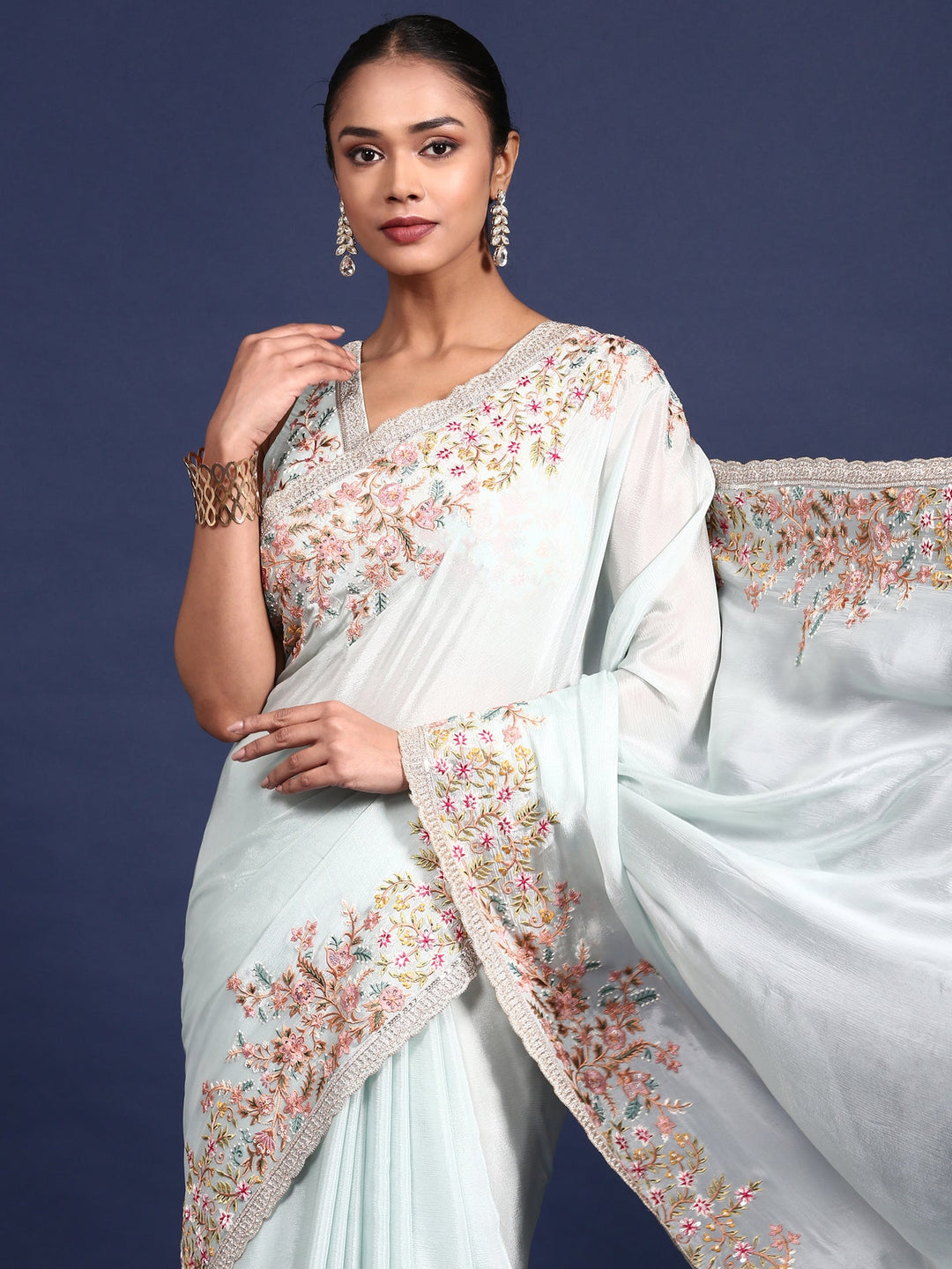 Neerus Blue crepe embroidered saree with readymade blouse - side view
