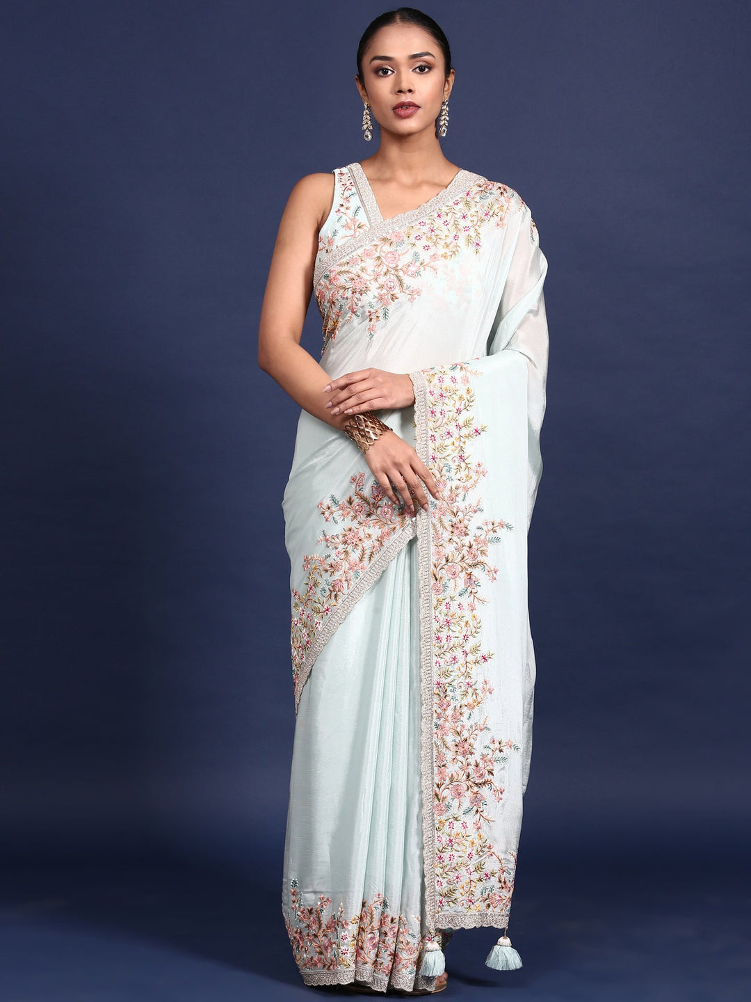 Neerus Blue crepe embroidered saree with readymade blouse - front view