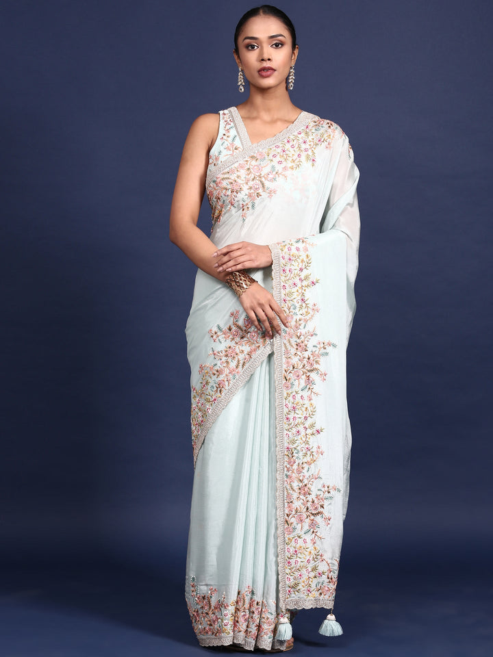 Neerus Blue crepe embroidered saree with readymade blouse - front view