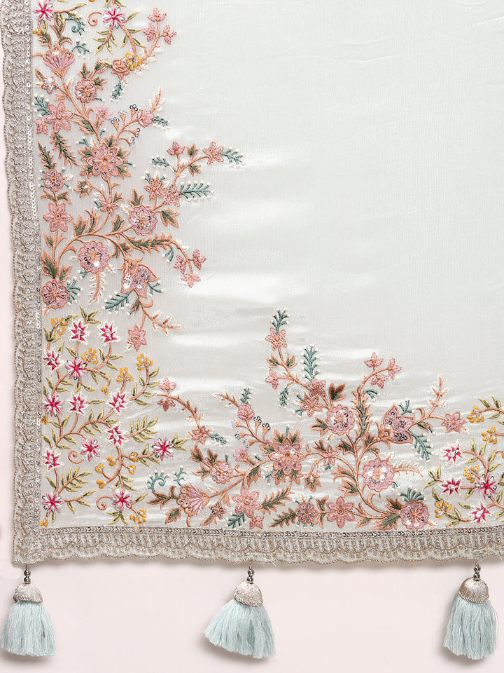 Sky Blue Crepe Embroidery Saree With Readymade Blouse