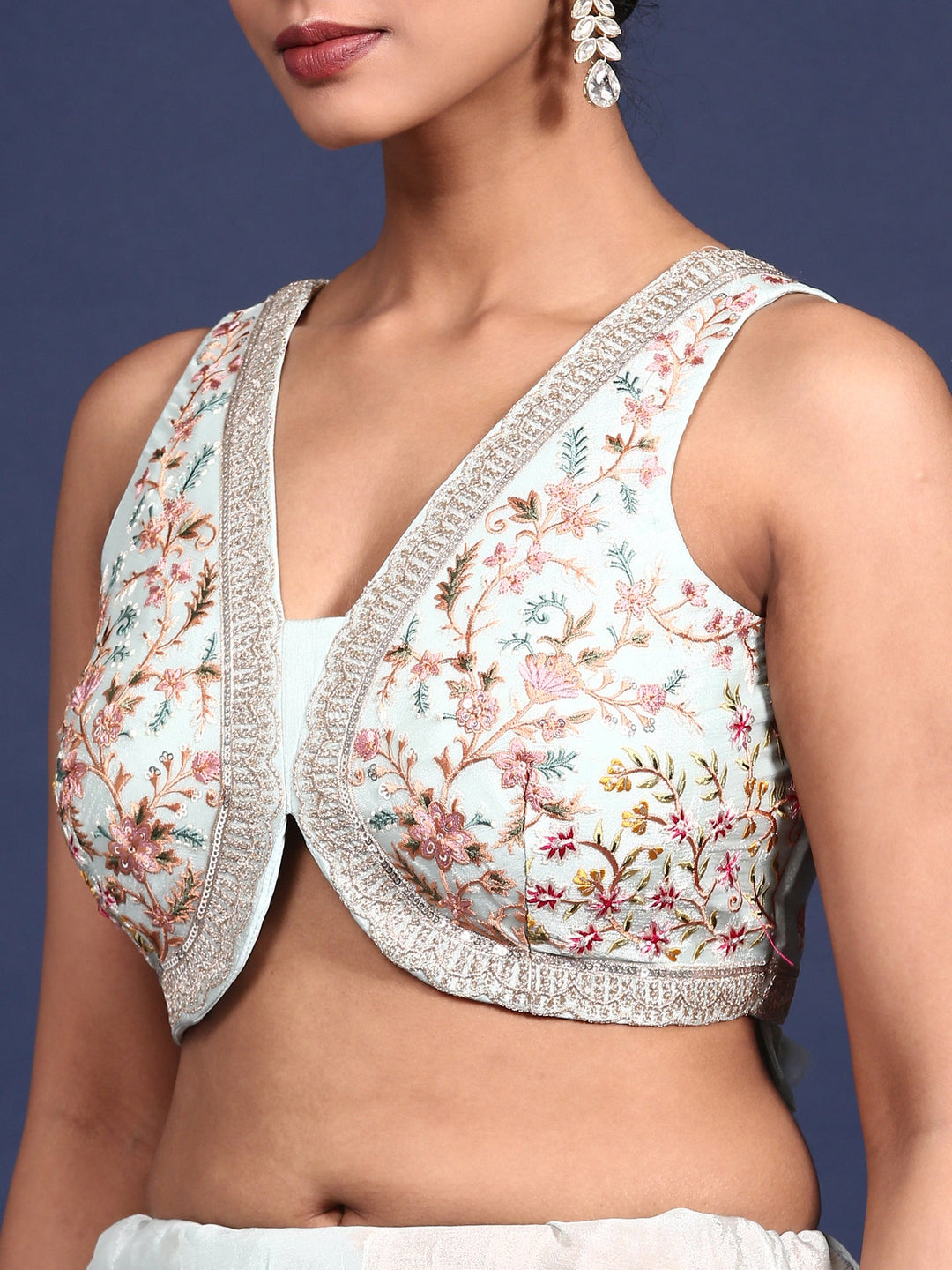 Neerus Blue crepe embroidered saree with readymade blouse - detail view 4