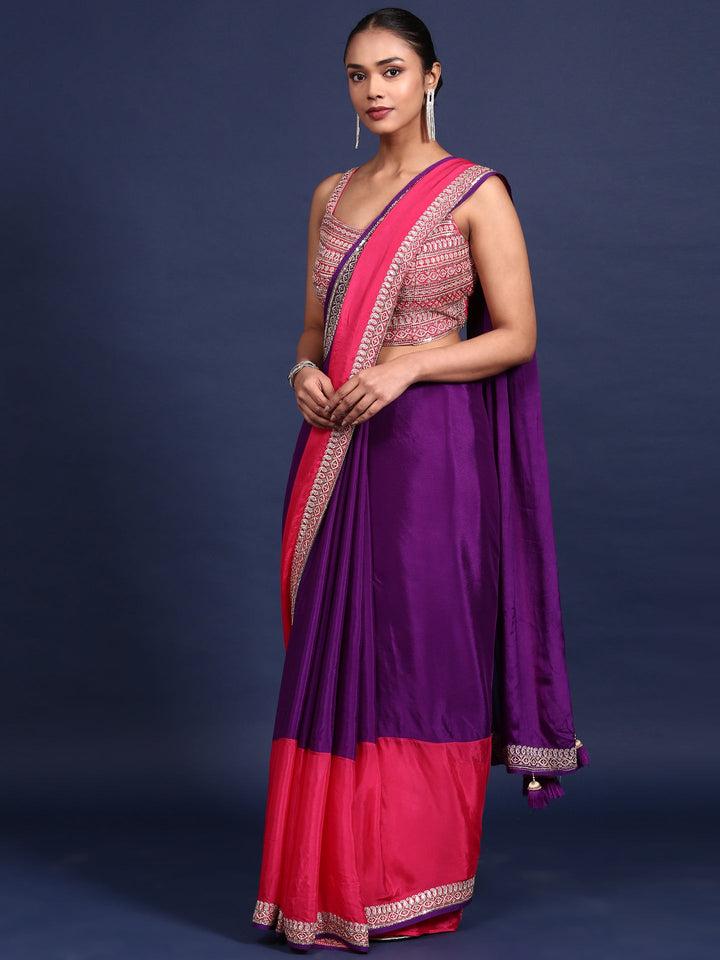 Purple Crepe Zari Embroidery Saree With Readymade Blouse