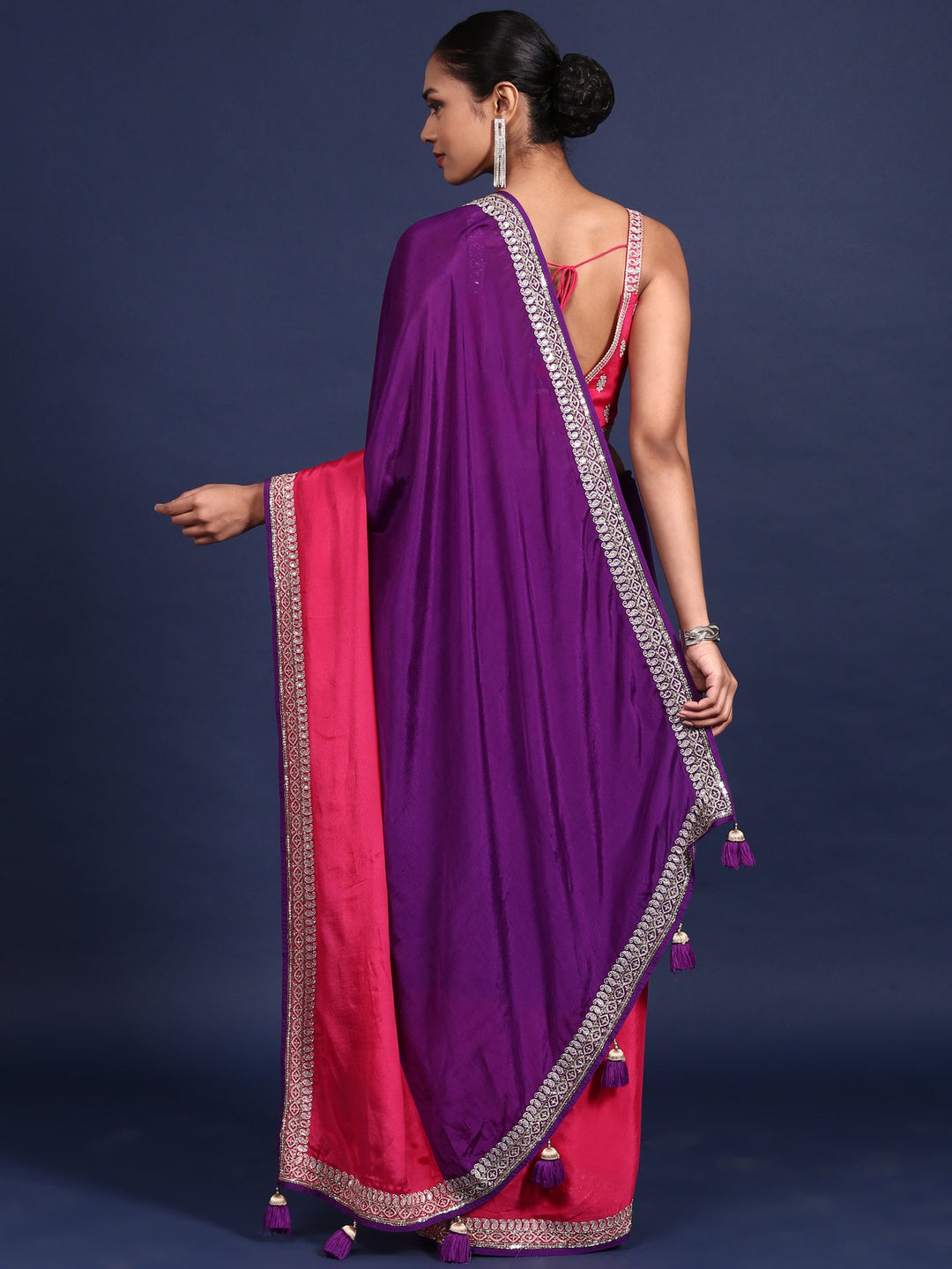 Neerus Purple crepe embroidered saree with blouse - side view