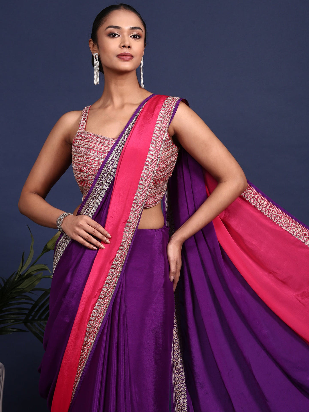 Neerus Purple crepe embroidered saree with blouse - back view