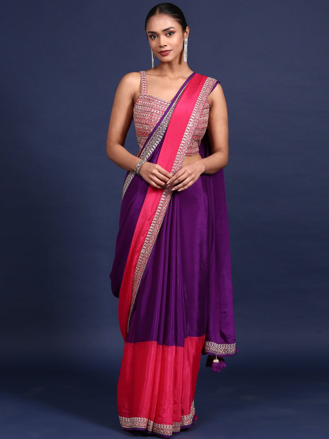 Neerus Purple crepe embroidered saree with blouse - front view