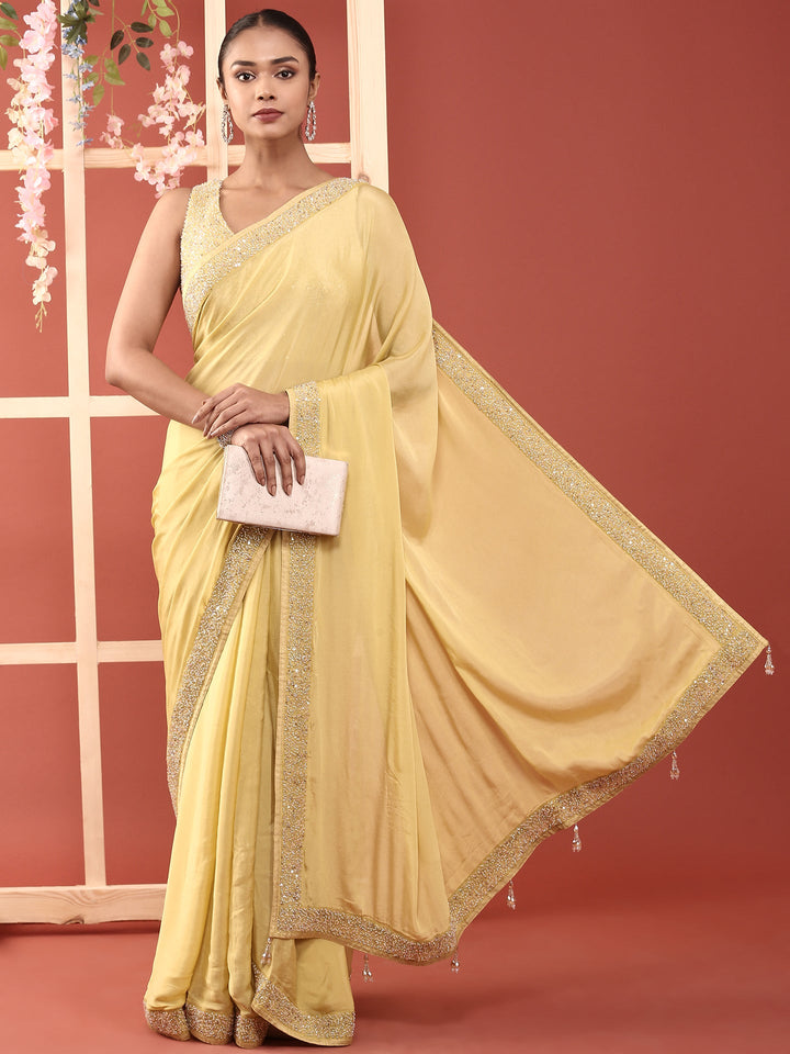 Lime Green Crepe Stone And Thread Embroidery Saree With Readymade Blouse