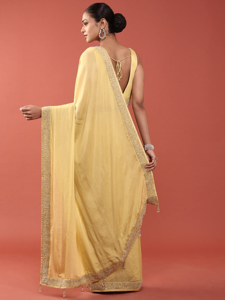 Lime Green Crepe Stone And Thread Embroidery Saree With Readymade Blouse