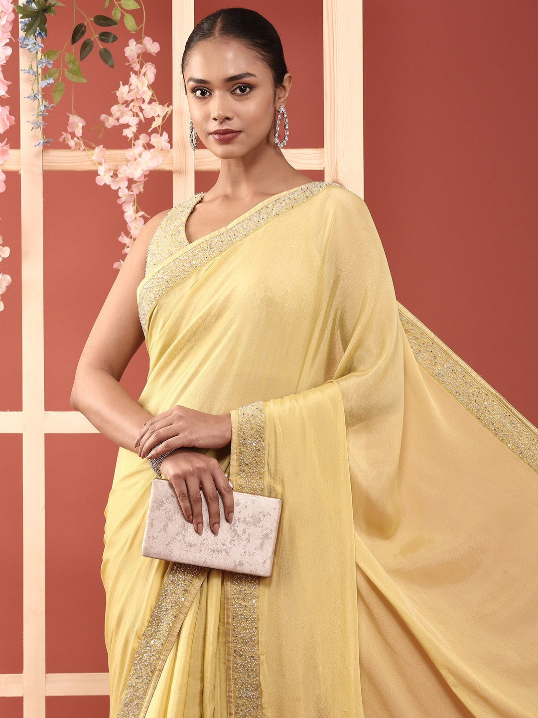 Neerus Green crepe embellished saree with readymade blouse - back view