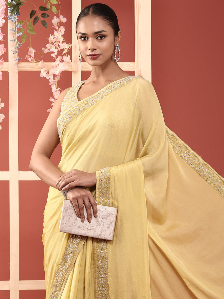 Lime Green Crepe Stone And Thread Embroidery Saree With Readymade Blouse