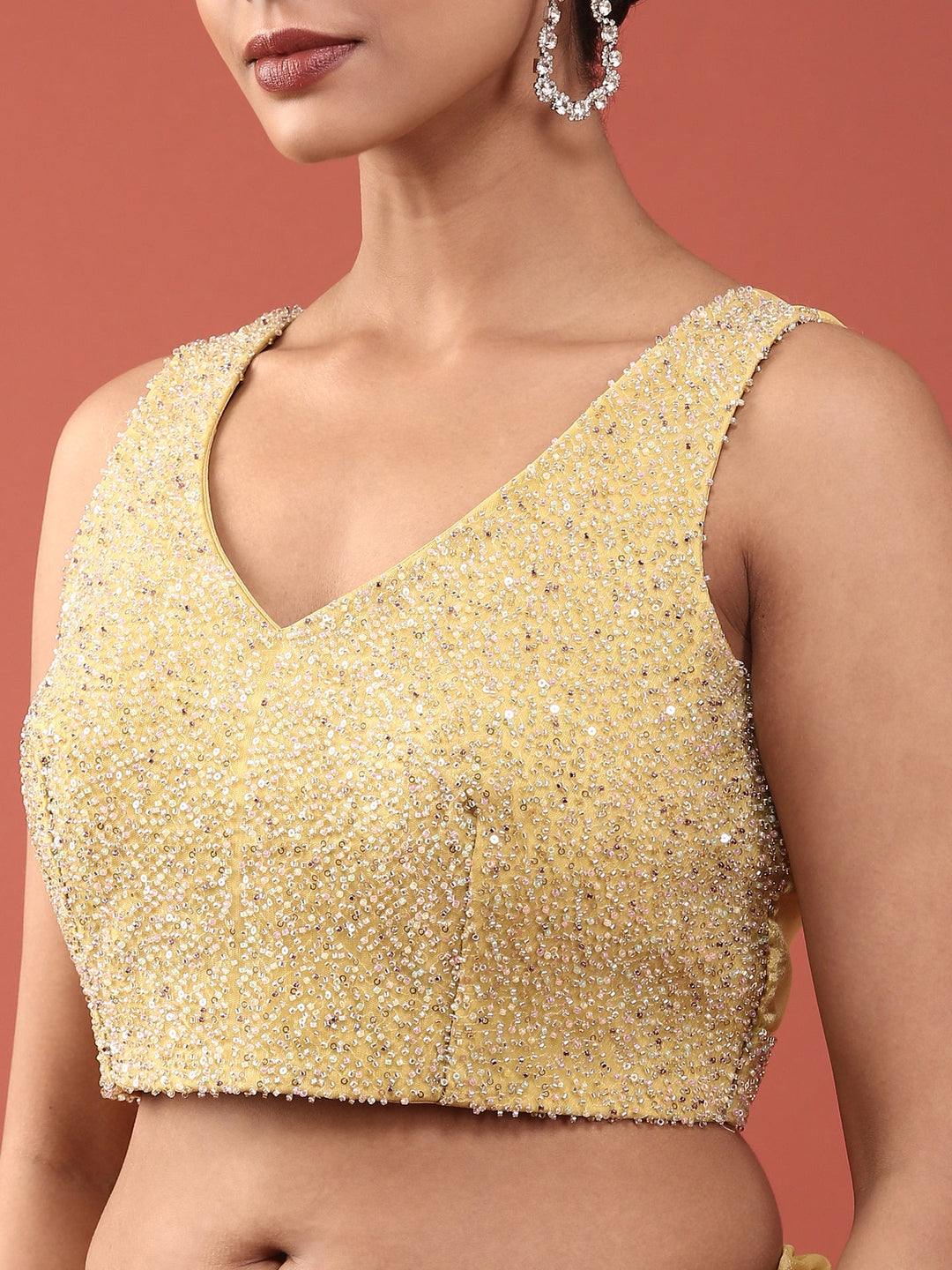 Neerus Green crepe embellished saree with readymade blouse - detail view 4