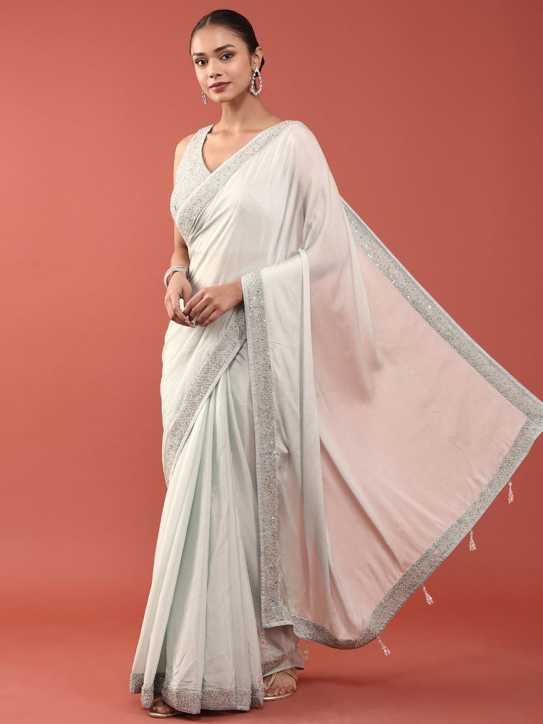 Neerus Blue crepe embellished saree with readymade blouse - detail view 1