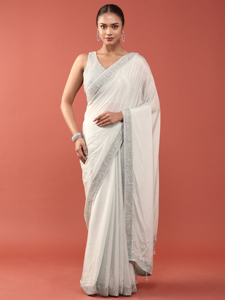 Sea Blue Crepe Stone And Thread Embroidery Saree With Readymade Blouse