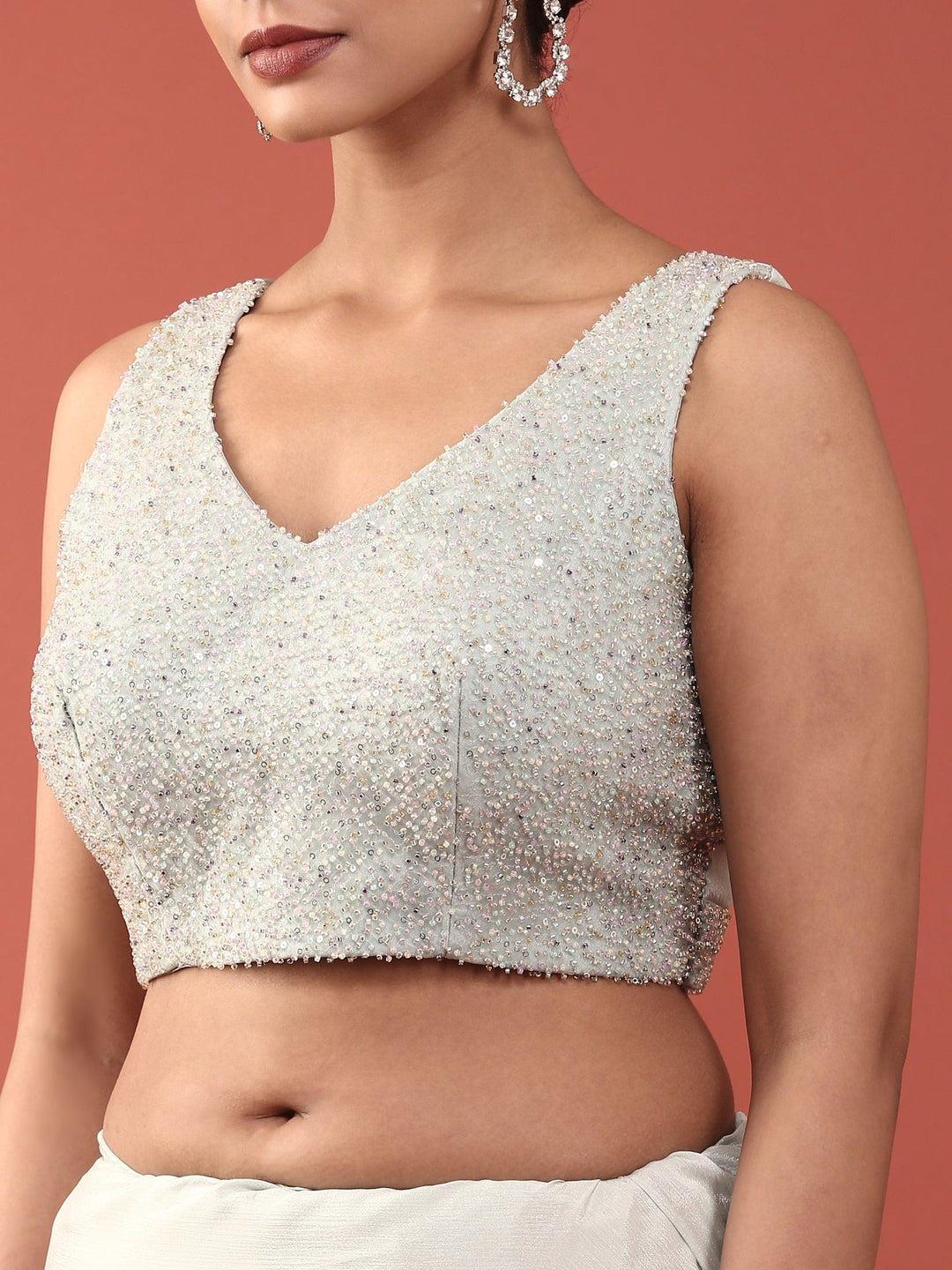 Neerus Blue crepe embellished saree with readymade blouse - detail view 4