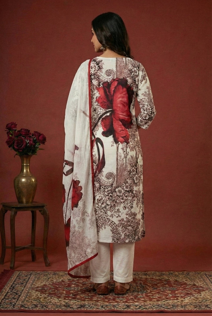 Neerus White cotton digital printed suit set - side view