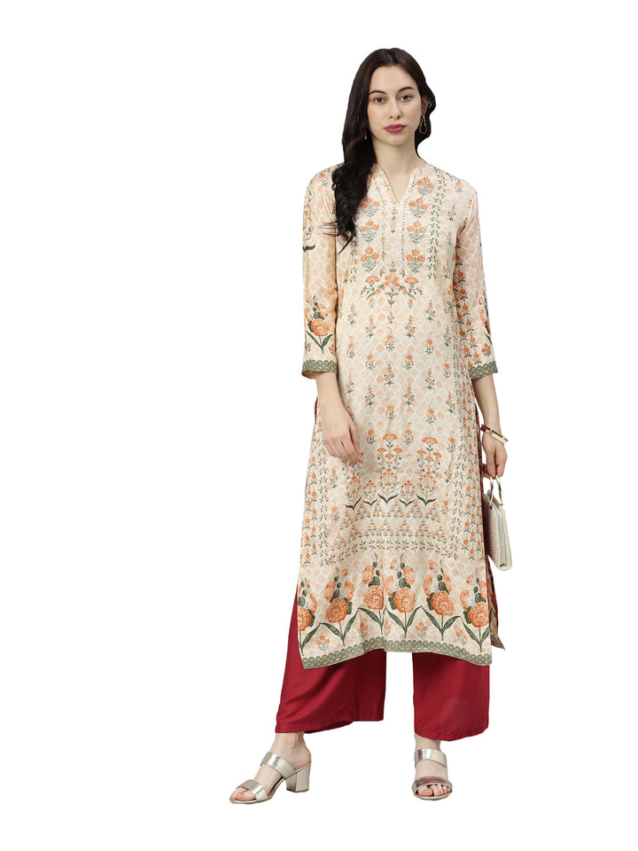 Neerus Beige shantoon printed floral kurti - detail view 3