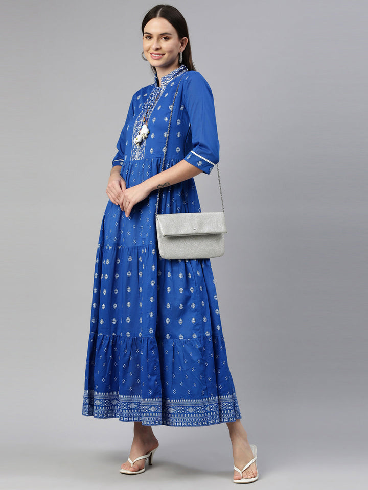Neerus Blue cotton thread embroidered anarkali kurta - detail view 2