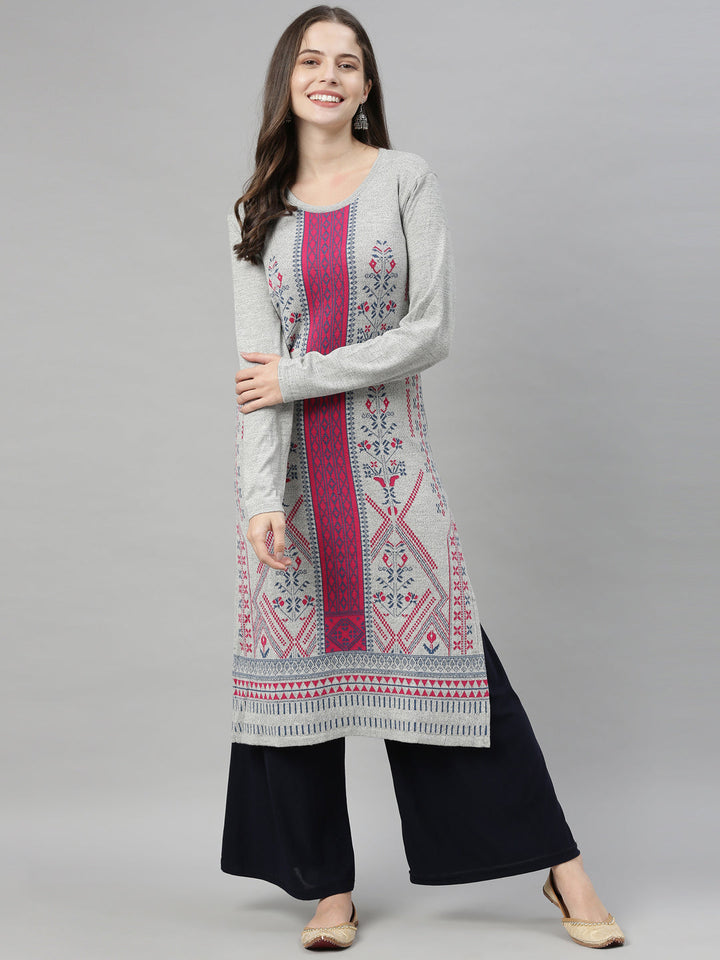 Neerus Grey acrylic printed kurta geometric pattern - detail view 2