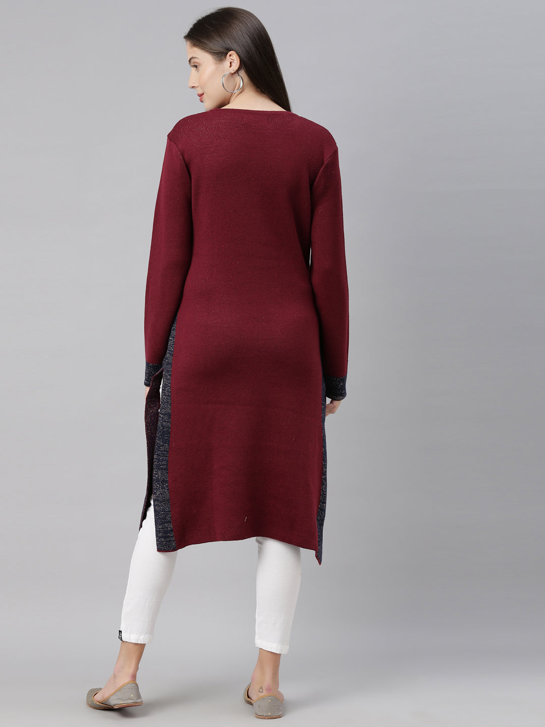 Neerus Maroon acrylic woven knitted kurti - detail view 3