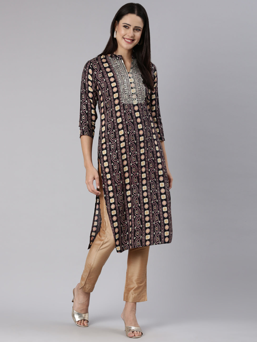 Neerus Black printed paisley straight kurti - detail view 2