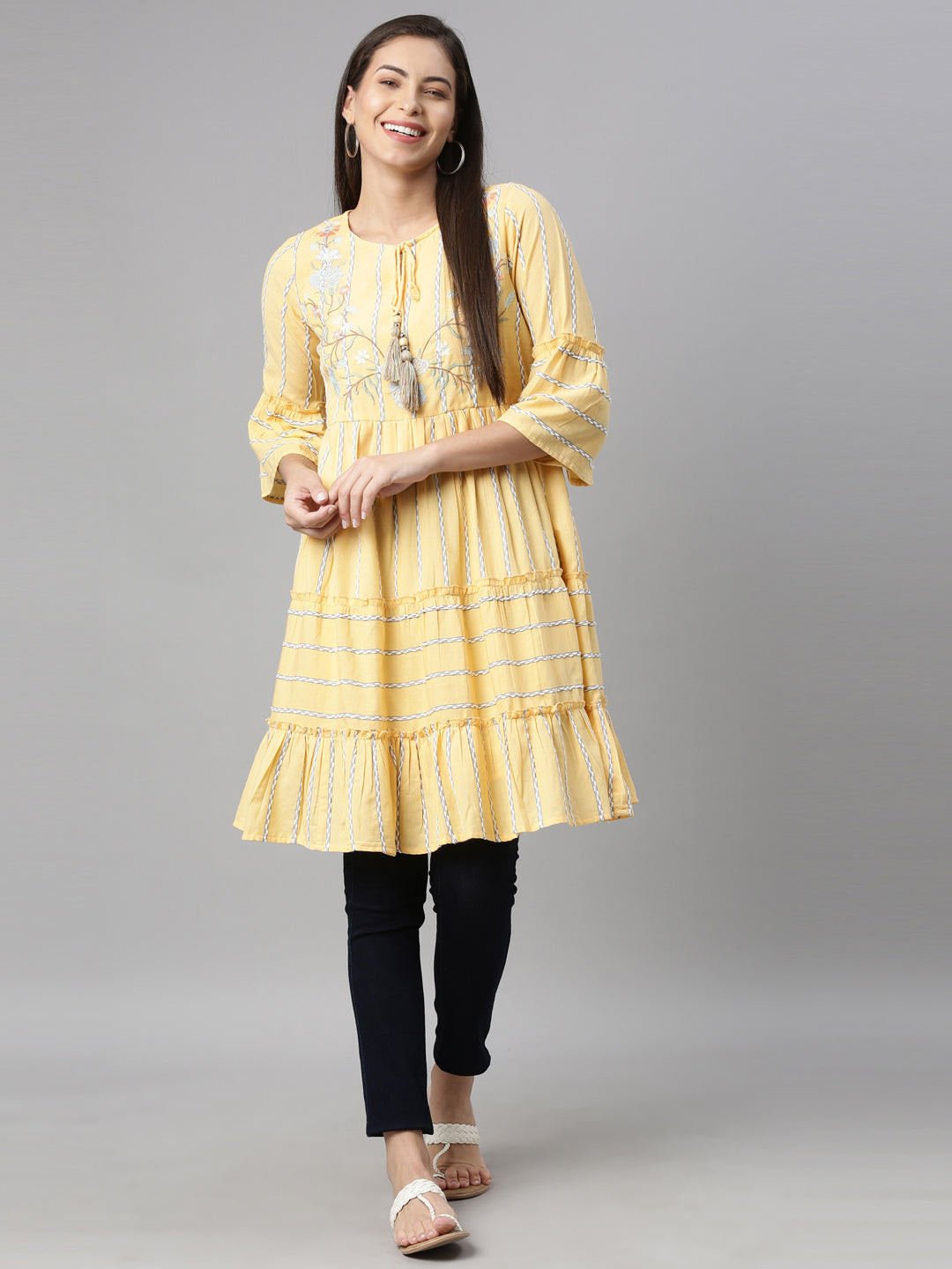 Neerus Yellow floral printed tiered kurti - detail view 3