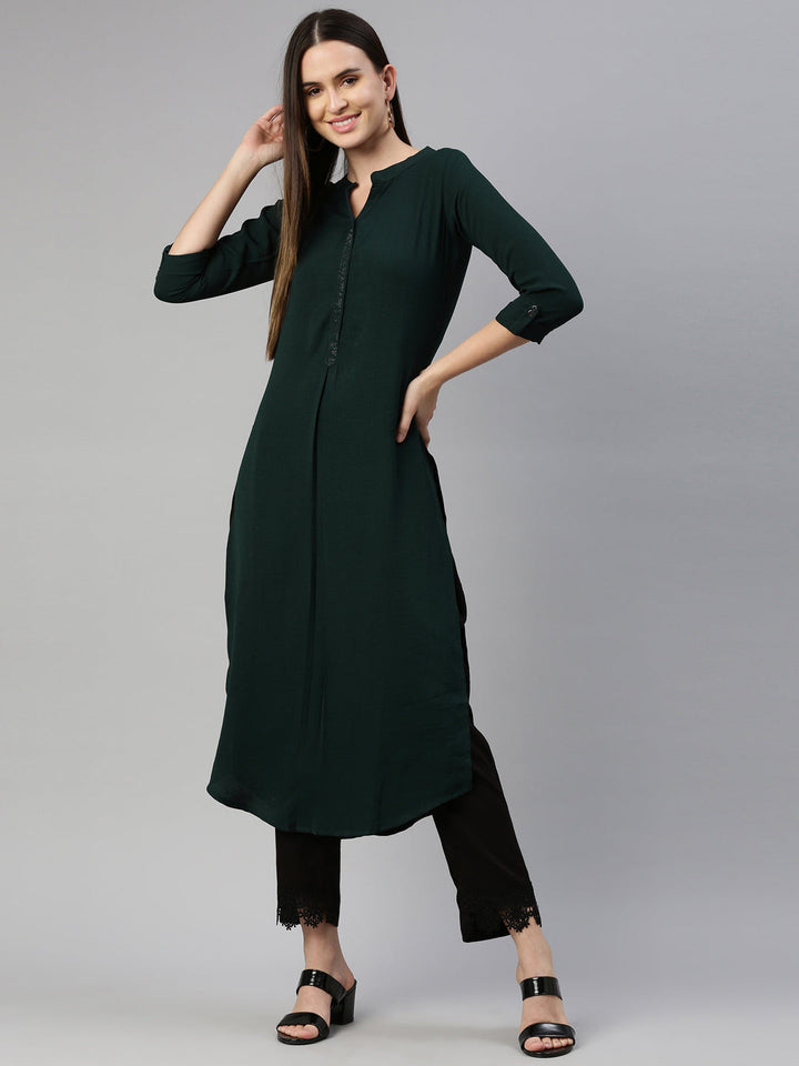 Neerus Green cotton solid Pathani kurti - detail view 2