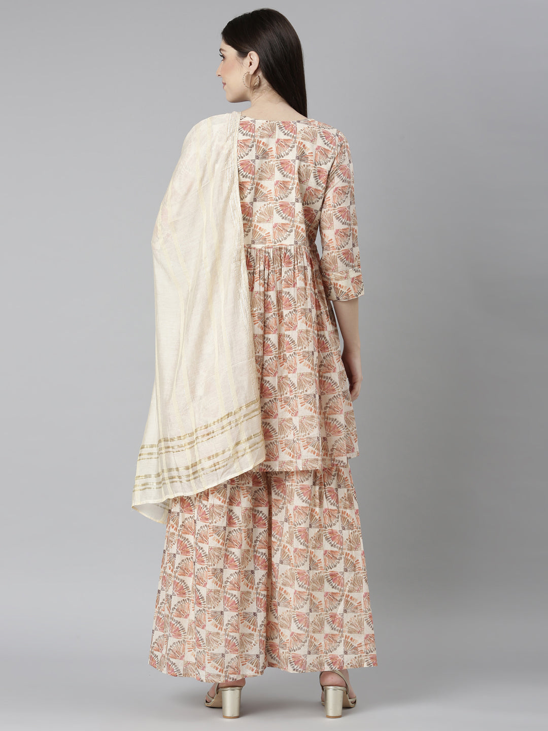 Neerus Pink printed straight kurta set with palazzo and dupatta - side view